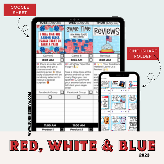 Red, White & Blue Content Calendar & Engagement Graphics | Sun Kissed Virtual Assistant