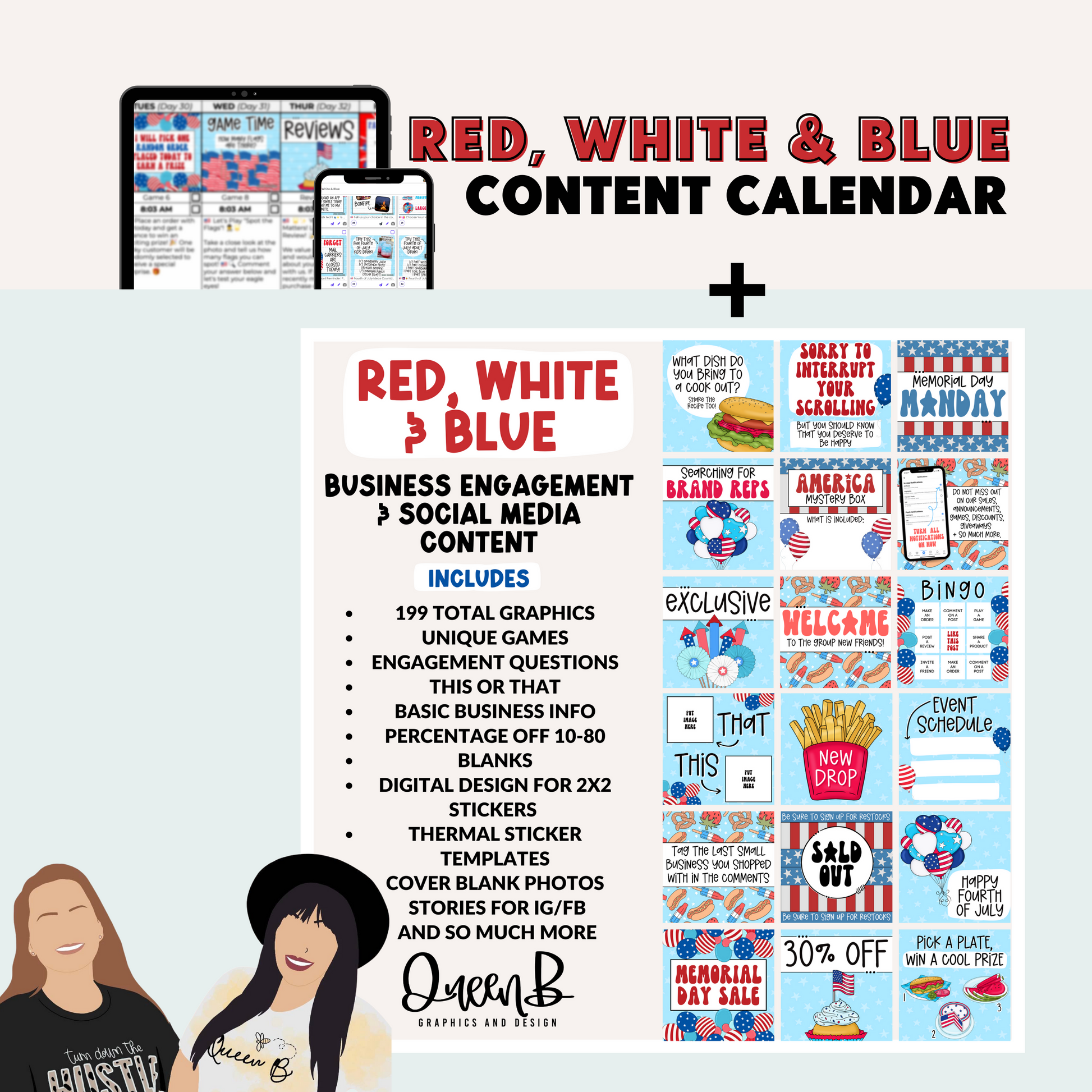 Red, White & Blue Content Calendar & Engagement Graphics | Sun Kissed Virtual Assistant